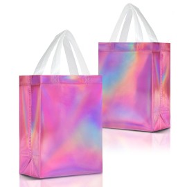 Nush Nush Pink Iridescent Gift Bags Medium Size - Set of 12 Holographic Pink Gift Bags With Handles - Reusable Goodie Bag for Bridal Shower Gifts, Birthday Party Favor, Baby Shower - 8x4x10