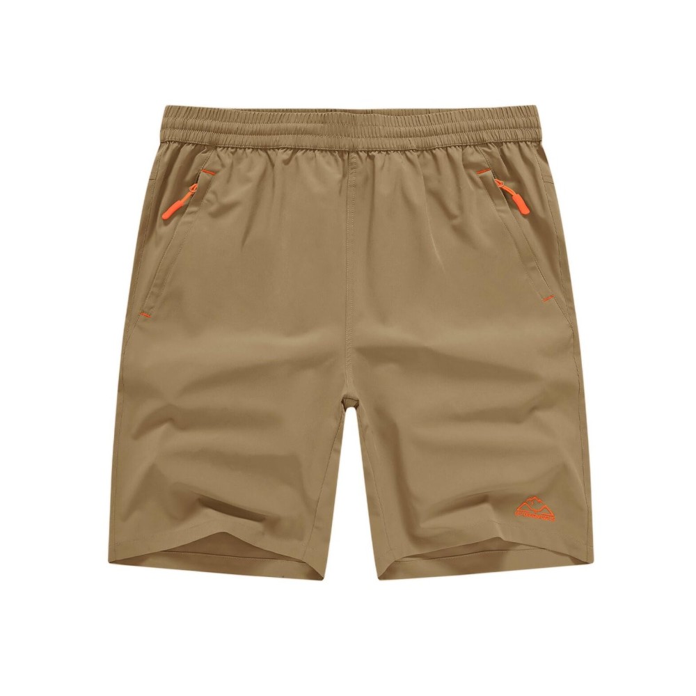 TBMPOY Men\'s Shorts 9 Hiking Running Shorts Zipper Pockets Athletic Outdoor Sports Gym Workout Short 4 Pockets Khaki L