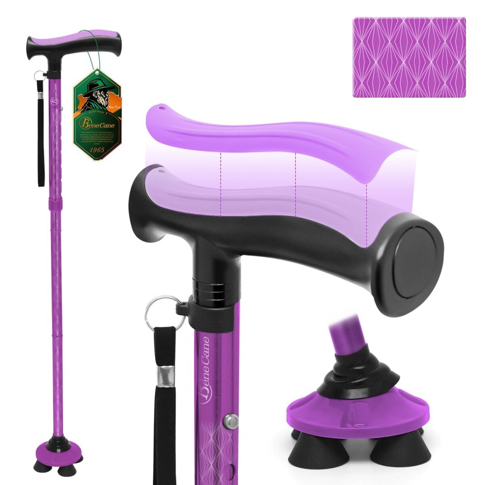 BeneCane Walking Cane for Men & Women Walking Stick for Seniors Folding Canes Quad Cane Adjustable Lightweight Sturdy Collapsible Heavy Duty with Soft TPR T-Handle and Travel Bag