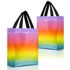 Nush Nush Rainbow Gift Bags Medium Size - Set of 12 Pastel Gradient Reusable Gift Bags With Holographic Finish - Ideal Goodie Bag for Kids Birthday Party, Girl Party Favors, Thanksgiving - 8x4x10