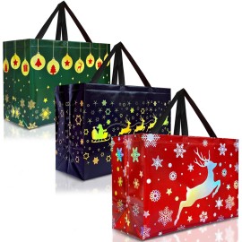 Nush Nush Extra Large Christmas Gift Bags - Set of 12 Festive XL Reusable Holiday Gift Bags with Handles (4 Red, 4 Green, 4 Navy Blue) - For Large Xmas Presents - 17Wx7.5Dx12H