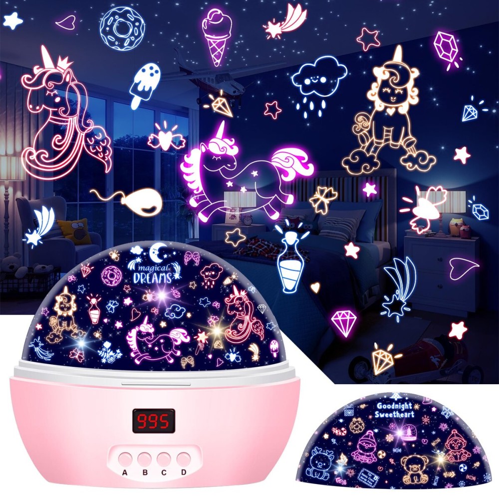MOKOQI Kid Unicorn Night Light for Girls, and Baby Bear Night Lights Rotating Light Projector with Timer Color Changing Birthday Gifts for 3-5-10 Year Old Girls