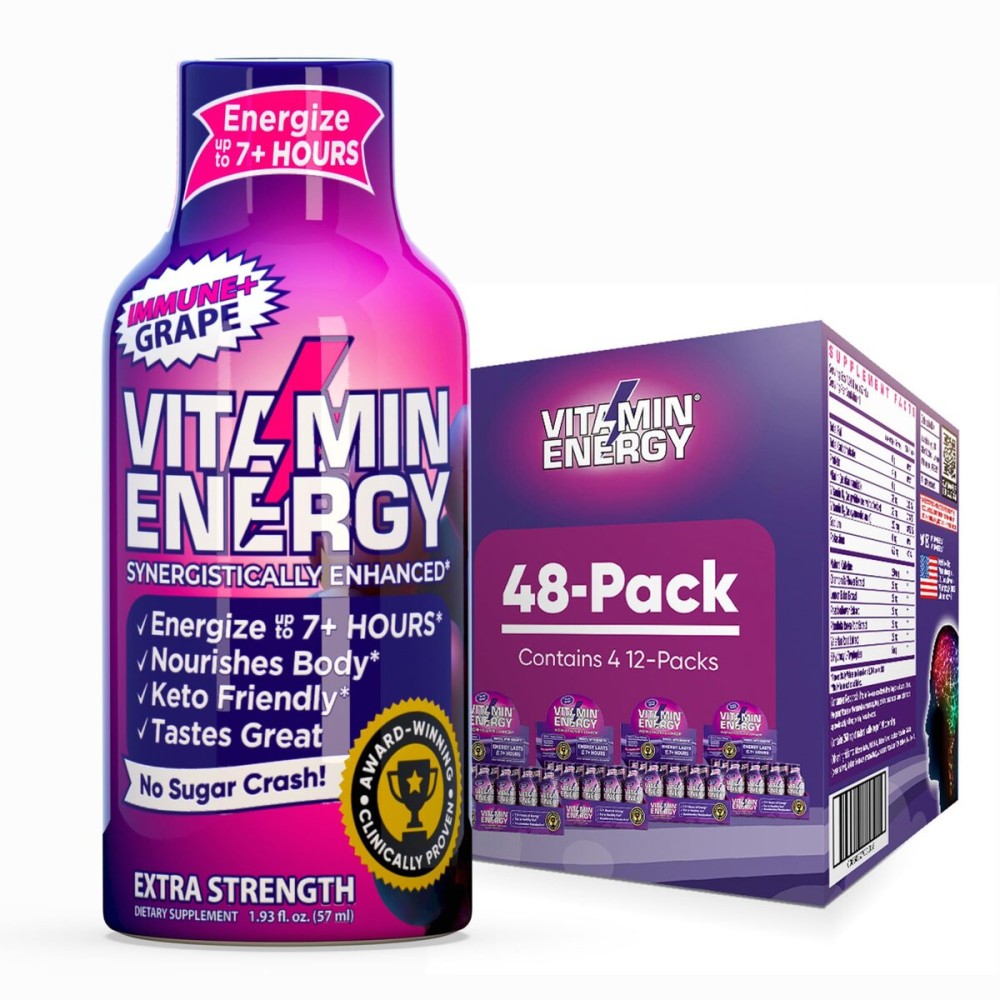 Vitamin Energy Immune+ Extra Strength Energy Shot Grape 48 Pack, 260mg Natural Caffeine, B-Vitamins, Citicoline, Green Tea, Immunity & Focus Support, Zero Sugar, Gluten-Free 1.93 fl oz