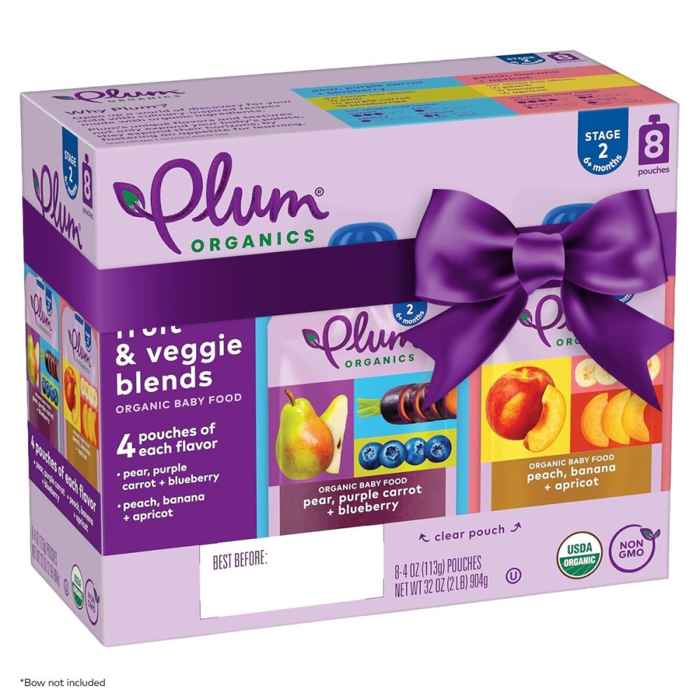 Plum Organics Variety Pack, 6+ Months - Organic Fruit and Veggie Baby Food Pouches - Pear, Purple Carrot + Blueberry & Peach, Banana + Apricot - 4 oz Pouch (Pack of 8)