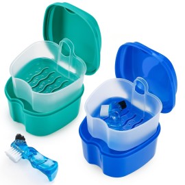 2 Pack Color Retainer Cleaner Case Denture Cups for Soaking Dentures, False Teeth Container Partial Denture Cleaning Case with Lid Travel - Lake Green and Dark Blue