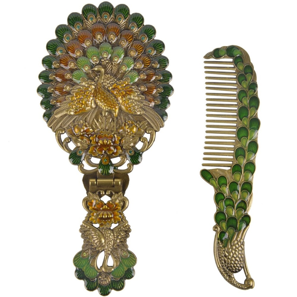 Nerien Vintage Antique Peacock Handheld Vanity Mirror with Comb, Metal Decorative Tabletop Stand, Travel Folding Handle Gift for Women, Bronze