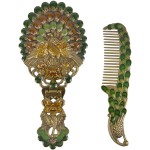 Nerien Vintage Antique Peacock Handheld Vanity Mirror with Comb, Metal Decorative Tabletop Stand, Travel Folding Handle Gift for Women, Bronze