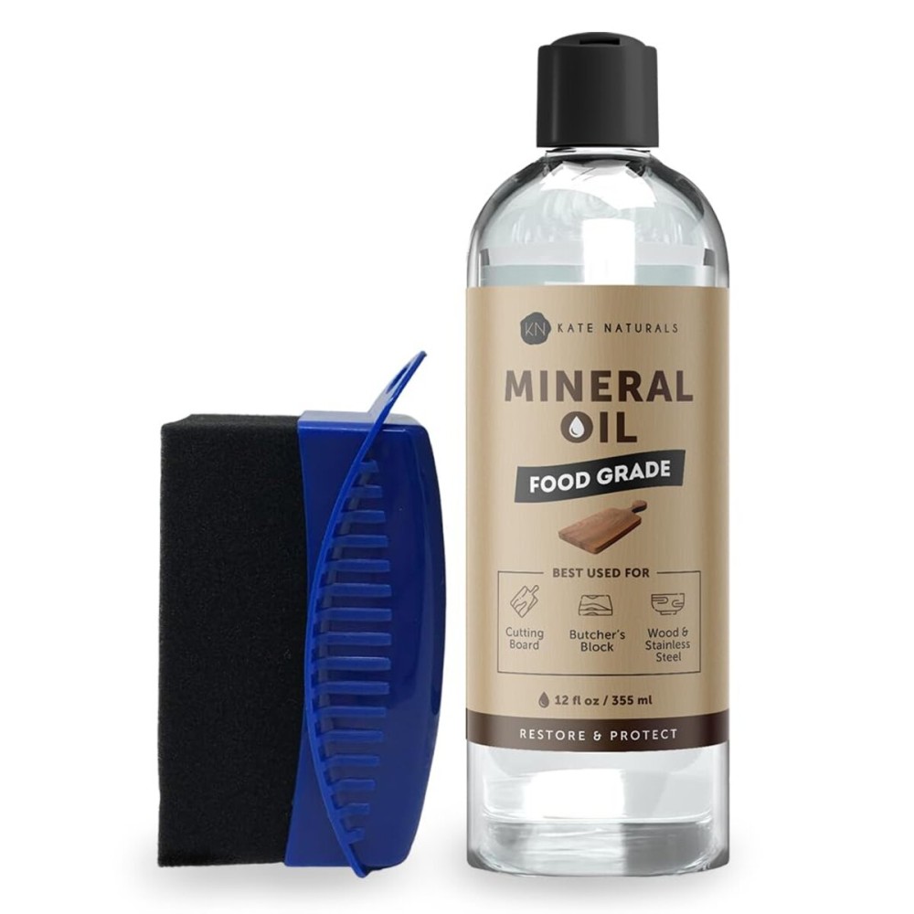 Kate Naturals Mineral Oil for Cutting Board 12oz with Wax Applicator. Food Grade & Food Safe Mineral Oil to Protect Wood on Cutting Boards, Butcher Block & Bamboo Boards