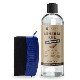 Kate Naturals Mineral Oil for Cutting Board 12oz with Wax Applicator. Food Grade & Food Safe Mineral Oil to Protect Wood on Cutting Boards, Butcher Block & Bamboo Boards