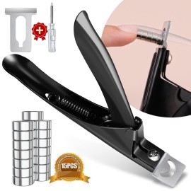 Black Metal Premium Adjustable Nail Clippers with Magnet Sizers for Acrylic Nails, Professional Stainless Steel Fake False Nail Tip Clipper Cutter Trimmer, Manicure Tool for Salon Home Nail Art
