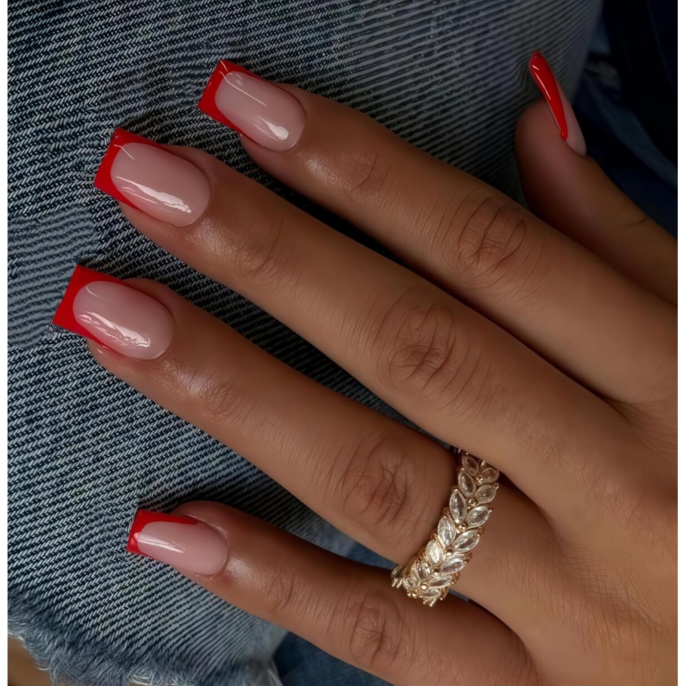 Red French Tip Press on Nails Short Square,Natural Fake Nails For Women, DIY Acrylic Nails Gel Nails, Natural Thick Extra Short Fake Nails 30Pcs 15 Sizes