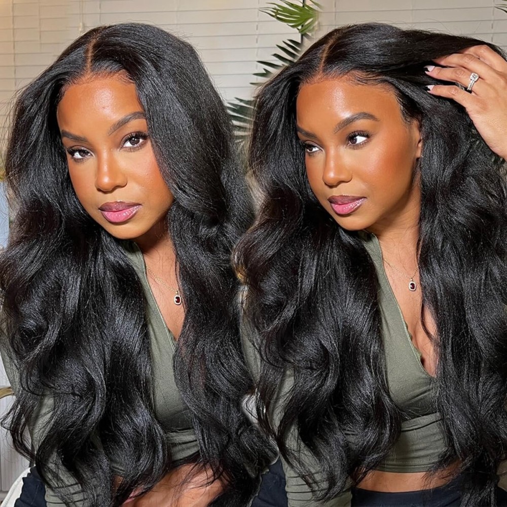 Ladoux 13x6 Lace Front Kinky Straight Wig HD Transparent Yaki Straight Frontal Closure Human Hair Wigs for Women 20Inch 180% Density Glueless Wig Pre Plucked With Baby Hair