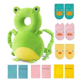 JunNeng Toddler Baby Head Protector Backpack for Toddler Walker with Knee Pads&Anti-Slip Socks, Frog