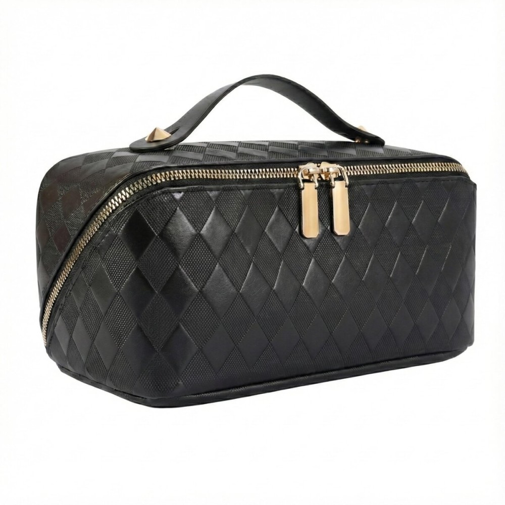 ALEXTINA Travel Makeup Bag,Large Capacity Vegan Leather Cosmetic Bags for Women,Waterproof Portable Pouch Open Flat Toiletry Bag Make up Organizer with Fixed Divider