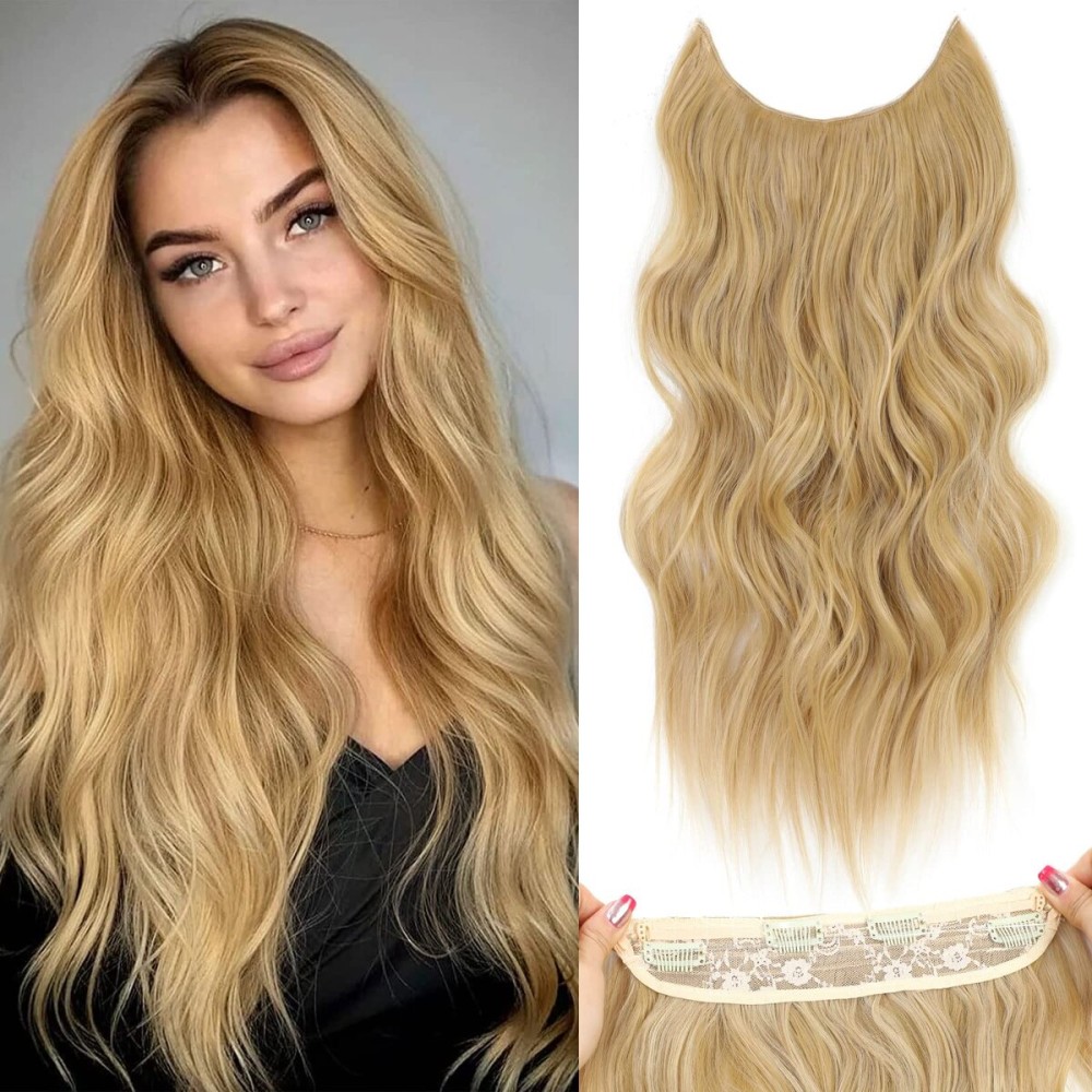 BUPPLER Halo Hair Extensions 20 Inch Invisible Wire Hair Extensions Adjustable Long Wavy Hairpiece Synthetic Upgrade 4 Secure Clips in Hairpieces 20 Inch,Light Golden Brown
