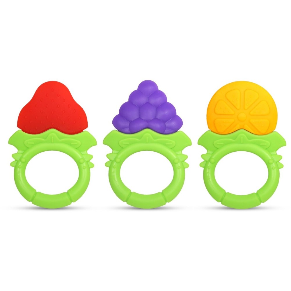 RaZbaby Fruitique Infant & Baby Massager & Teether Toy 3-Pack, Fruit-Shaped Multi-Texture Teethers Soothe Sore Gums, Non-Toxic BPA-Free Food-Grade Silicone, Hands-Free & Easy to Hold, 3M+