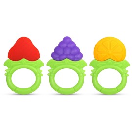 RaZbaby Fruitique Infant & Baby Massager & Teether Toy 3-Pack, Fruit-Shaped Multi-Texture Teethers Soothe Sore Gums, Non-Toxic BPA-Free Food-Grade Silicone, Hands-Free & Easy to Hold, 3M+