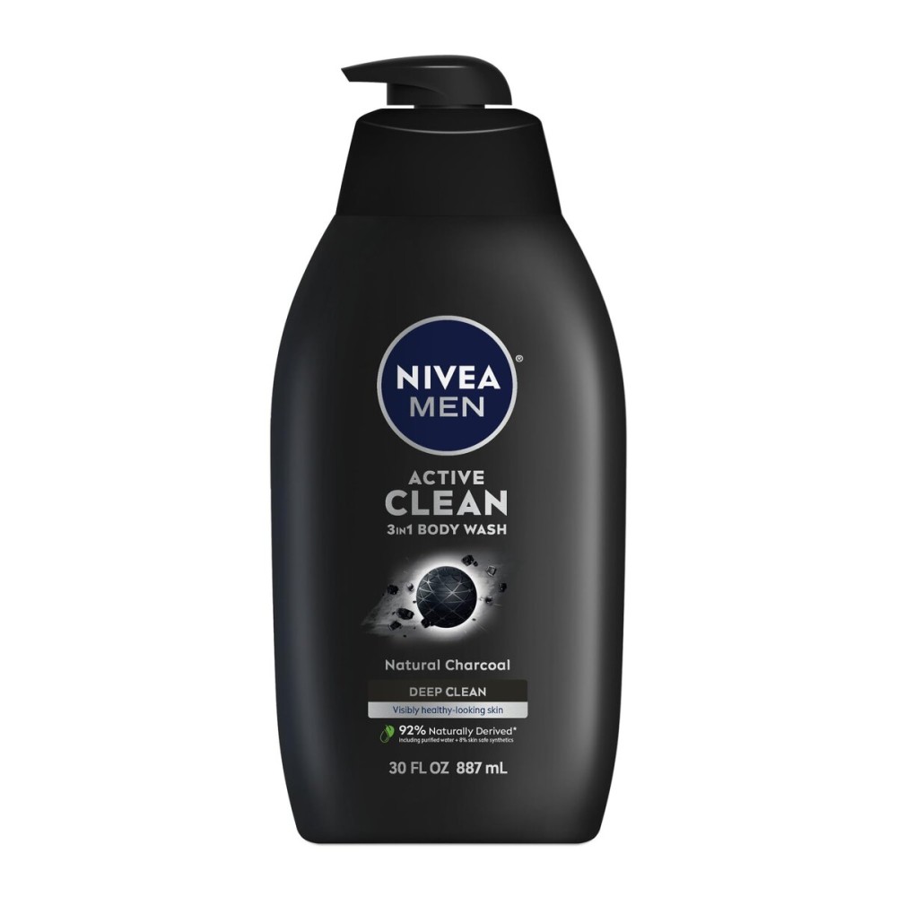 NIVEA Men Active Clean Body Wash with Natural Charcoal for Normal to Oily Skin, 3-in-1 Charcoal Body Wash, Face and Hair, Draws Out Dirt and Impurities, 30 Fl Oz Bottle