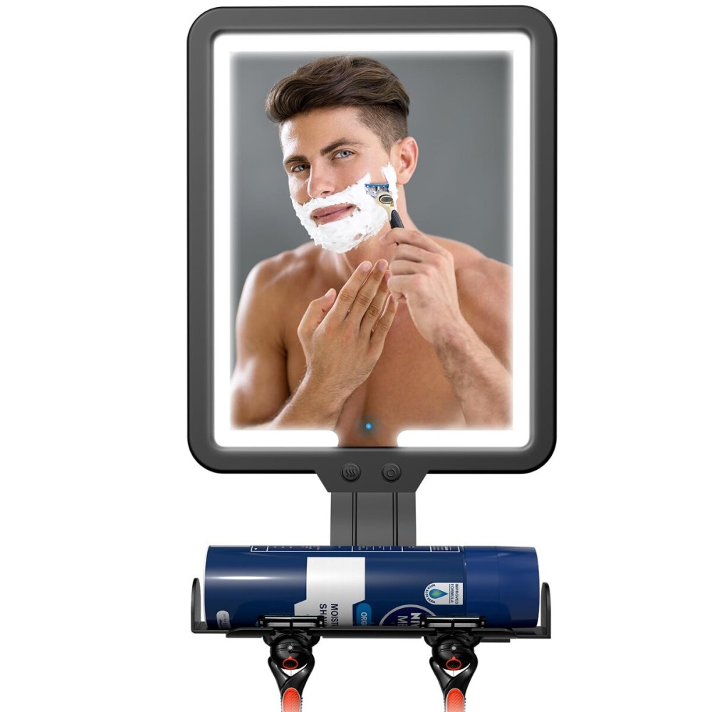 Lighted Shower Mirror Fogless for Shaving, Heated Fog Free Large 9.5*7inch 3 Color Modes Dimming Shower Shaving Mirror with Light, Rechargeable Anti-Fog Shower Mirror with Storage Tray & Razor Holders