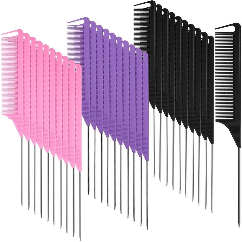 Patelai 30 Pieces Parting Comb for Braids Steel Hair Pin Rat Tail Carbon Fiber Heat Resistant Teasing Combs with Stainless Steel Pintail(Black, Pink, Purple)