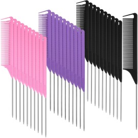 Patelai 30 Pieces Parting Comb for Braids Steel Hair Pin Rat Tail Carbon Fiber Heat Resistant Teasing Combs with Stainless Steel Pintail(Black, Pink, Purple)