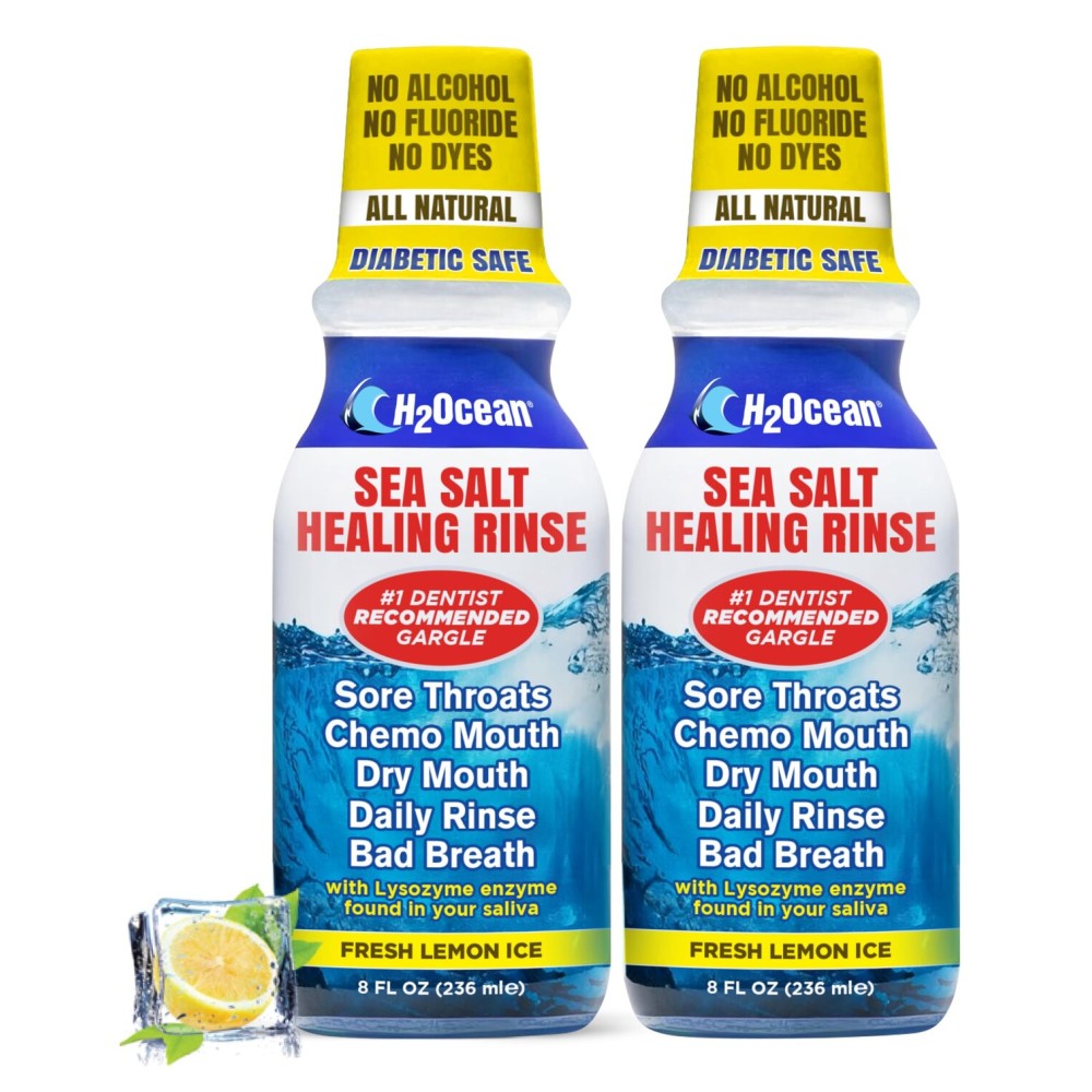 H2Ocean Healing Rinse Natural Sea Salt Oral Care - Mouth Rinse for Oral Care - Great for Piercings, Sore Throats & Gum Health - Alcohol- & Fluoride-Free Mouthwash - Lemon Ice, 8 oz (Pack of 2)