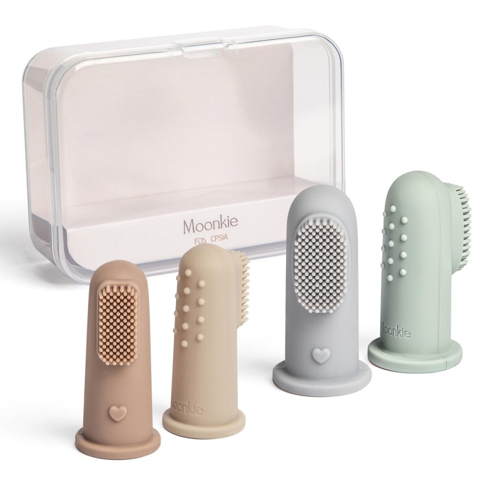 Moonkie Baby Toothbrush Finger Toothbrush Oral Cleaner Kit for 3 Months +, 4 Pcs Small (Sand/Warm Taupe)/Large (Blue/Mint)