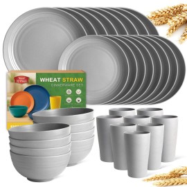 Teivio 32-Piece Kitchen Plastic Wheat Straw Dinnerware Set, Service for 8, Dinner Plates, Dessert Plate, Cereal Bowls, Cups, Unbreakable Colorful Plastic Outdoor Camping Dishes, Light Gray