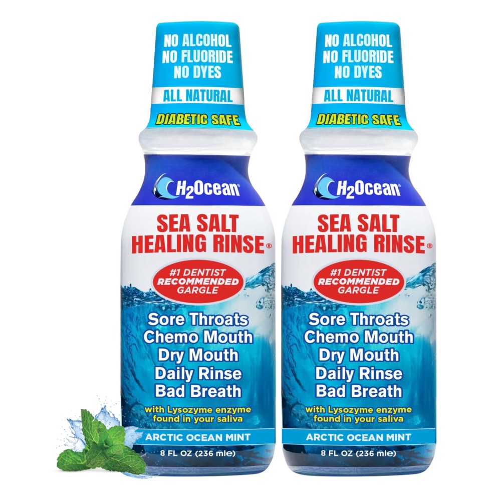 H2Ocean Healing Rinse Mouthwash - Great Tasting Sea Salt & Xylitol Mouth Wash for Fresh Breath & Dry Mouth - Alcohol & Fluoride Free - Arctic Ocean Mint 8oz (Pack of 2)