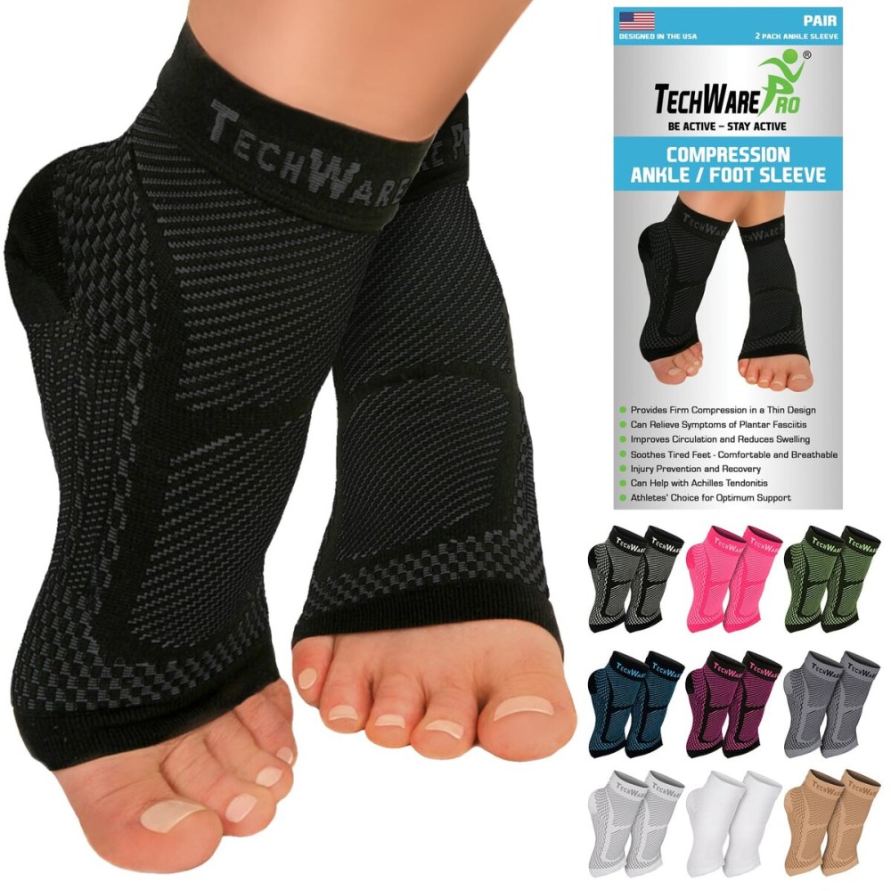 TechWare Pro Ankle Brace Compression Sleeve - Relieves Achilles Tendonitis, Joint Pain. Plantar Fasciitis Foot Sock with Arch Support Reduces Swelling & Heel Spur Pain. (Black/Black, L/XL)