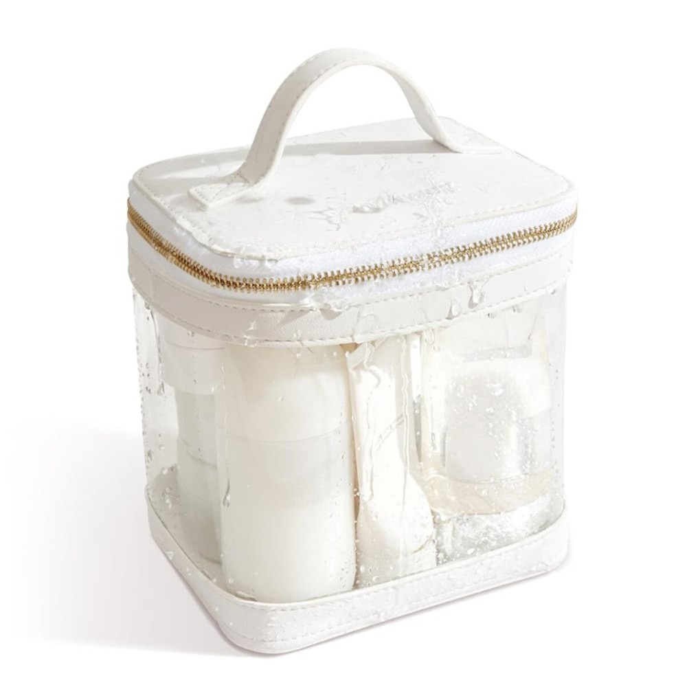 ROWNYEON Clear Makeup Bag, Travel Toiletry Bag Transparent Cosmetic Case with Zipper, Portable Make Up Organizer Clear Car Bag for Essentials with Handle (White)