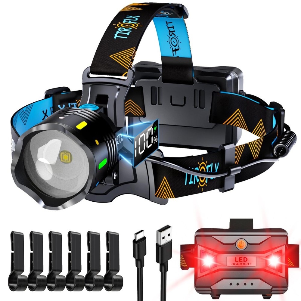 TIROFLX 12 Modes 16000 Lux Headlamp Motion Sensor Red Warning Adjustable Focus Energy Saving, More Than 95 Hour Standby Head Lamp, IP65 Waterproof and 125 Angle for Camping Hiking Hunting Hardhat