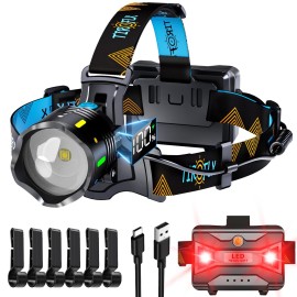 TIROFLX 12 Modes 16000 Lux Headlamp Motion Sensor Red Warning Adjustable Focus Energy Saving, More Than 95 Hour Standby Head Lamp, IP65 Waterproof and 125 Angle for Camping Hiking Hunting Hardhat