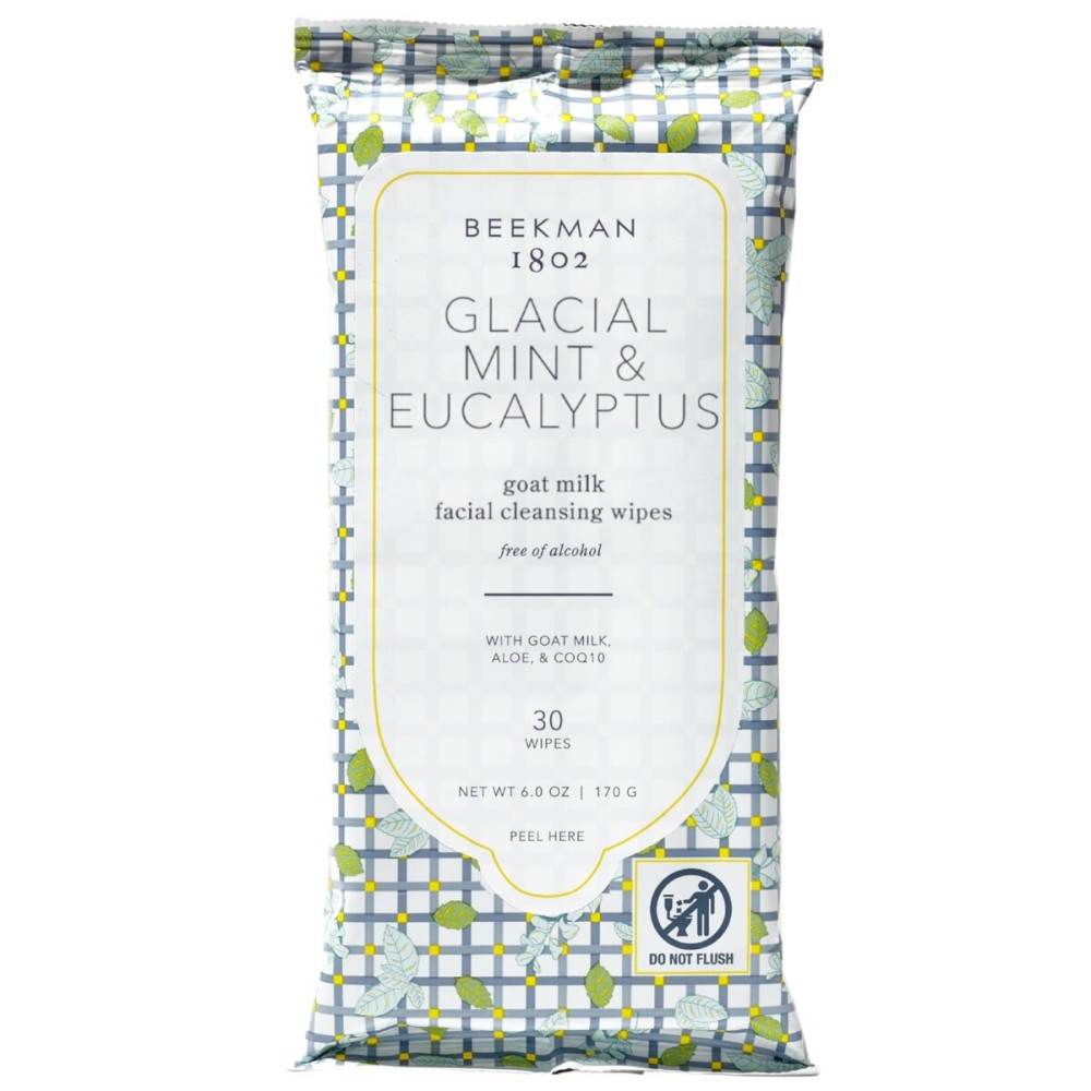 Beekman 1802 Glacial Mint & Eucalyptus Face Wipes - 30-Count - Scented - Cleanses, Nourishes & Hydrates - With Goat Milk, Aloe Vera - Good for Sensitive Skin - Cruelty Free