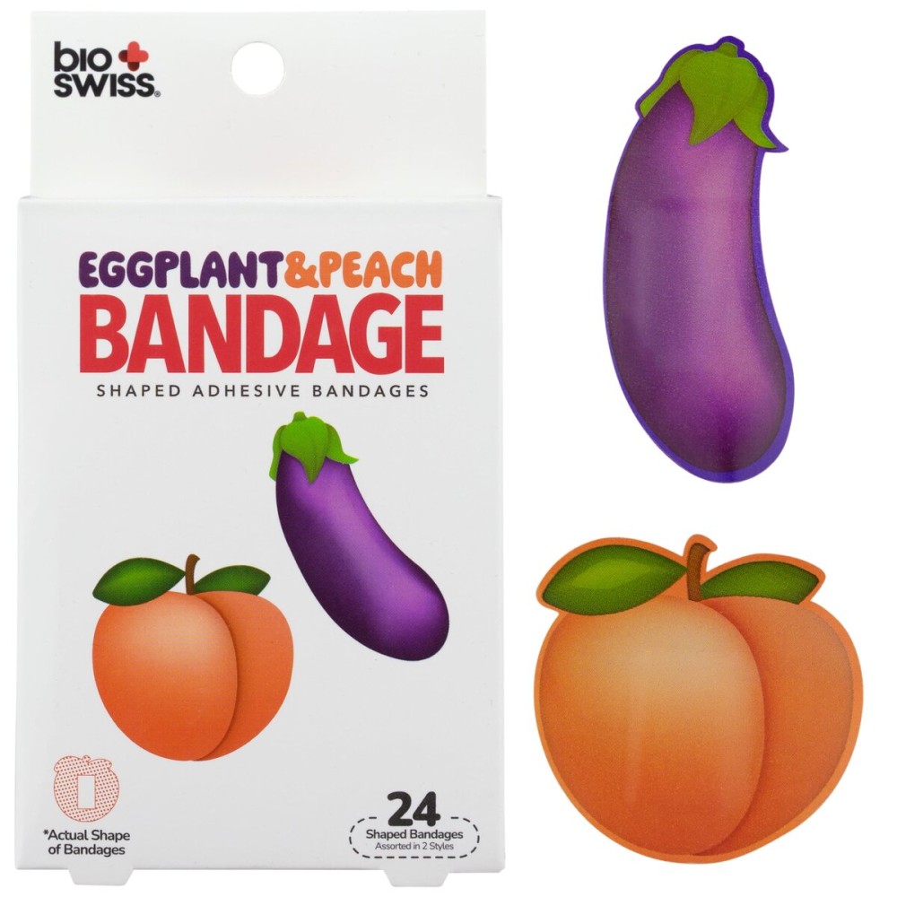 BioSwiss Funny Bandages, Eggplant and Peach Shaped Adult Novelty Self Adhesive Bandage Set, Latex Free, Sterile Wound Care, 24 Count