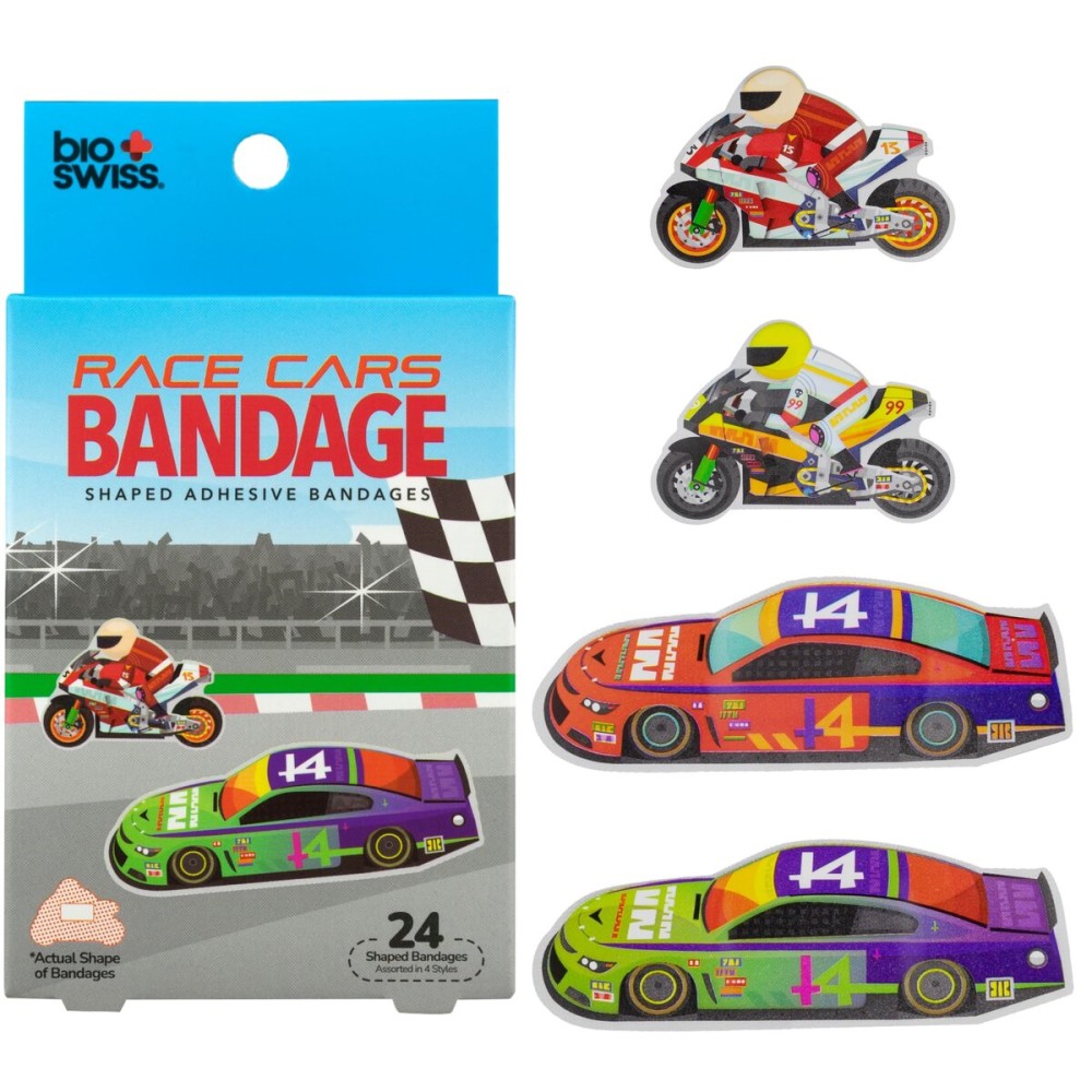 BioSwiss Bandages, Race Cars Shaped Self Adhesive Bandage Set, Latex Free, Sterile Wound Care, 24 Count