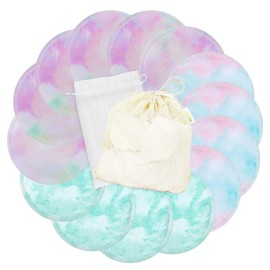 wegreeco Nursing Breast Pads (14 Pack) + Laundry Bag & Travel Storage Bag, 4.7 inch - Washable & Reusable Breastfeeding Nursing Pads (Plain Shape, Watercolors, Large)