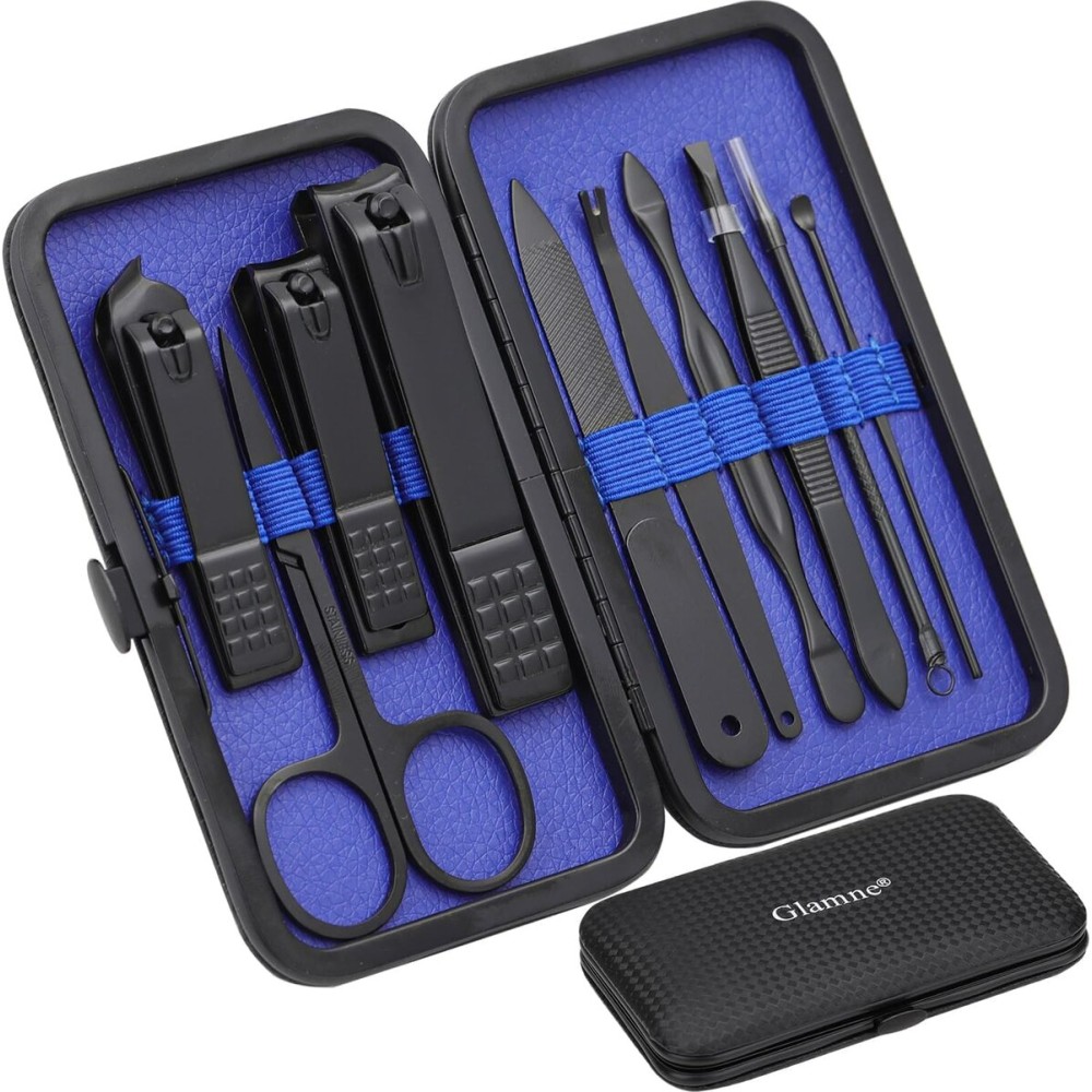 Glamne Manicure Set Nail Clippers Kit Professional Stainless Steel Nail Care Tools with Leather Travel Case 10 in 1 Blue