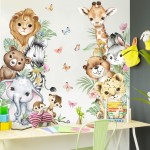 Watercolor Jungle Animal Wall Decals - Tiger, Elephant, Giraffe, Zebra, Lion - Removable Stickers for Baby\'s Nursery, Playroom, Bedroom, Classroom, Kindergarten Decor