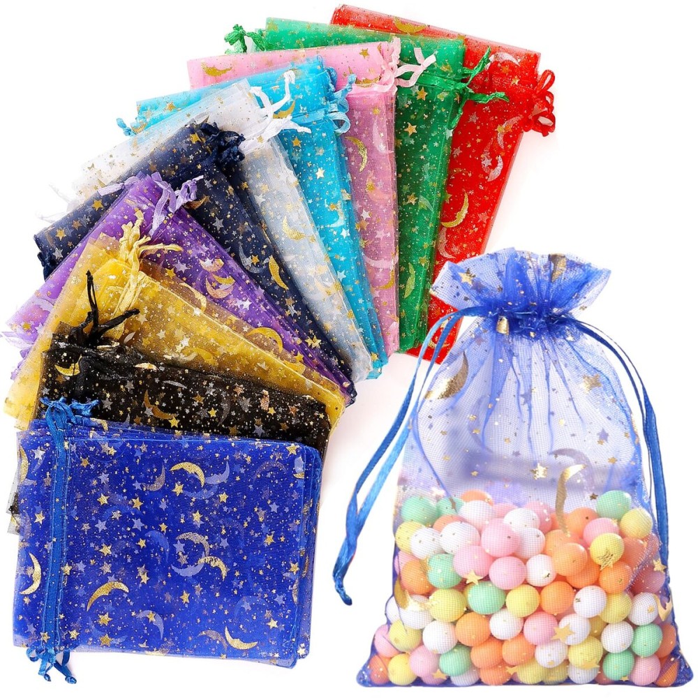 Hopttreely 100 Pieces Moon Star Organza Bags, Mixed Color 4x4.72(10X12CM) Satin Drawstring Organza Pouch Wedding Party Favor Gift Bag Jewelry Watch Bags