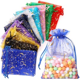 Hopttreely 100 Pieces Moon Star Organza Bags, Mixed Color 4x4.72(10X12CM) Satin Drawstring Organza Pouch Wedding Party Favor Gift Bag Jewelry Watch Bags