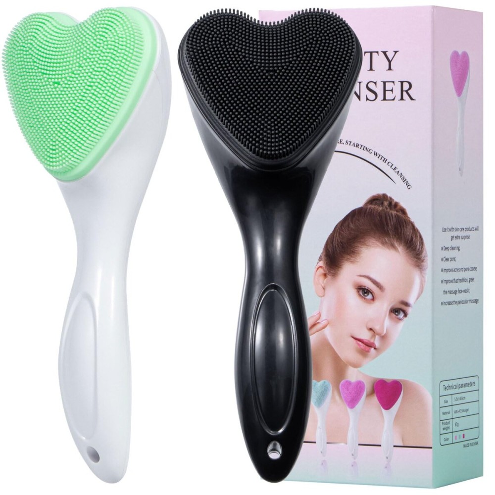 Beomeen Silicone Face Scrubber Exfoliating Brush 2 Pack, Manual Handheld Facial Cleansing Brush Blackhead Scrubber, Soft Bristles Waterproof for Face Skincare (Black Green,Heart)