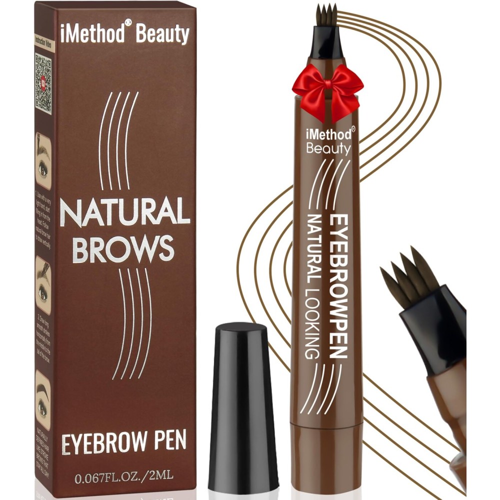 iMethod Microblading Eyebrow Pen - Eyebrow Pencil Magical Upgraded Eye Brow Pencils for Women with 4 Fork Tip & Spoolie Brush for Natural-Looking Hair-Like Defined Brows, Last All-Day, Brown