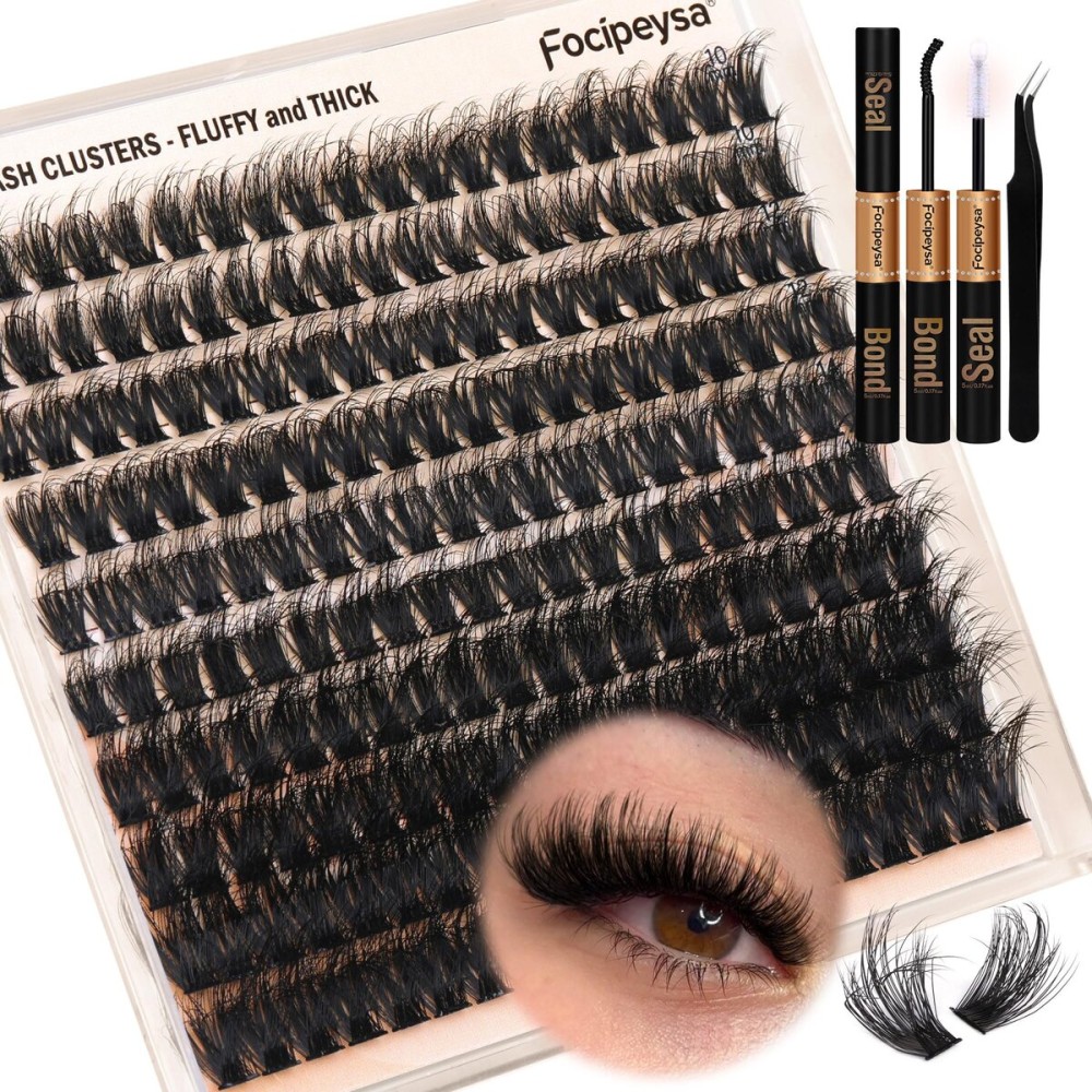 Focipeysa Full Volume Lash Extension Kit 200Pcs Lash Clusters Kit with Lash Bond and Seal and Lash Tweezers Lash Clusters DIY Eyelash Extensions Kit at Home (150D 10-18mm D Curly)