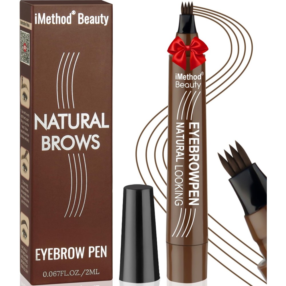 iMethod Microblading Eyebrow Pen - Eyebrow Pencil Magical Upgraded Eye Brow Pencils for Women with 4 Fork Tip & Spoolie Brush for Natural-Looking Hair-Like Defined Brows, Last All-Day, Dark Brown