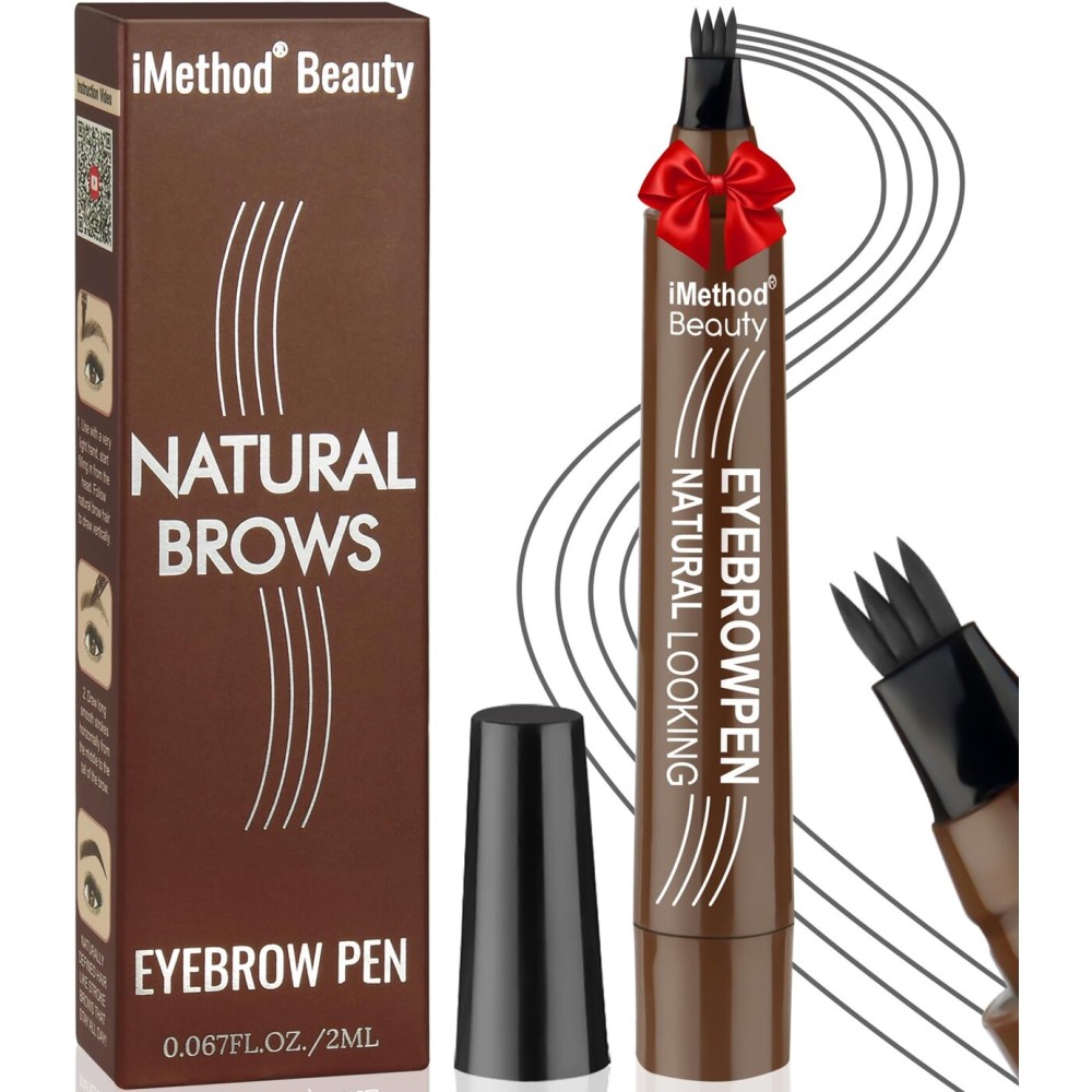 iMethod Microblading Eyebrow Pen - Eyebrow Pencil Magical Upgraded Eye Brow Pencils for Women with 4 Fork Tip & Spoolie Brush for Natural-Looking Hair-Like Defined Brows, Last All-Day, Dark Grey