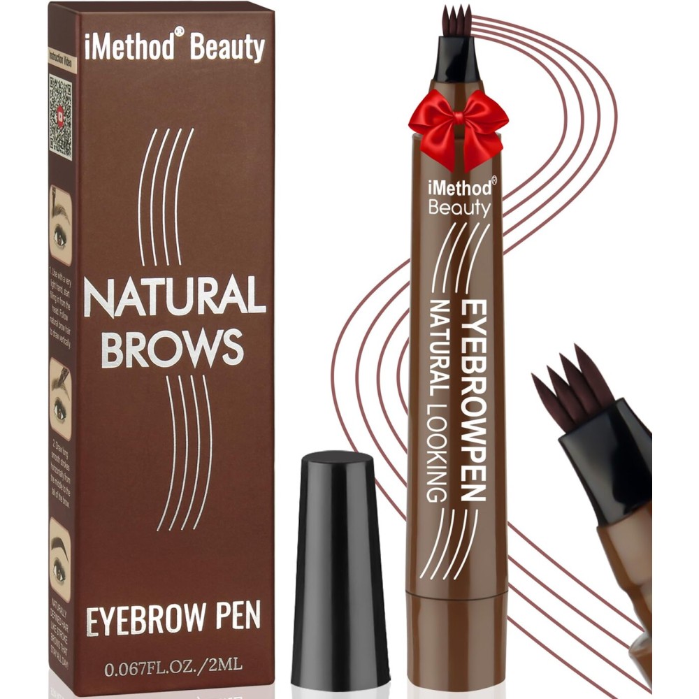 iMethod Microblading Eyebrow Pen - Eyebrow Pencil Magical Upgraded Eye Brow Pencils for Women with 4 Fork Tip & Spoolie Brush for Natural-Looking Hair-Like Defined Brows, Last All-Day, Reddish Brown