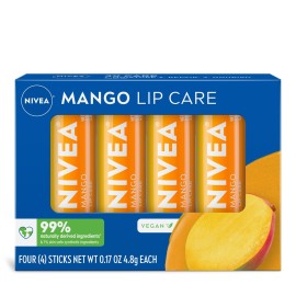 NIVEA Mango Lip Care, Vegan Lip Balm Pack with Shea Butter, Nourishing Oils and Vitamin C & E, 3-in-1 Moisturize, Repair and Protect, 0.17 Oz Stick, Pack of 4