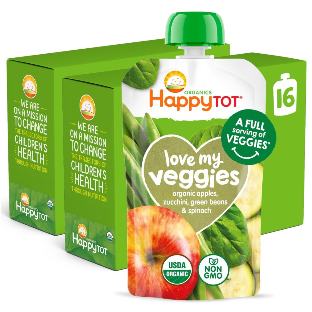 HAPPYTOT Organics Stage 4 Baby Food Pouches,Gluten Free, Vegan Snack, Love My Veggies, Fruit & Veggies Puree, Apples, Zucchini, Green Beans & Spinach 4.22 oz Pouch (Pack of 16)
