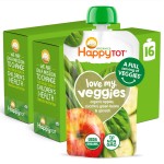 HAPPYTOT Organics Stage 4 Baby Food Pouches,Gluten Free, Vegan Snack, Love My Veggies, Fruit & Veggies Puree, Apples, Zucchini, Green Beans & Spinach 4.22 oz Pouch (Pack of 16)
